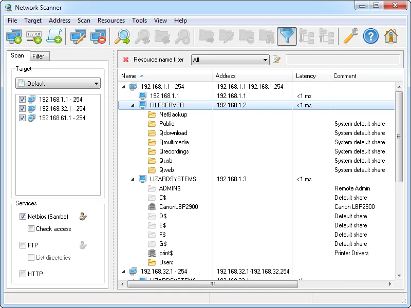 LizardSystems Network Scanner interface screenshot